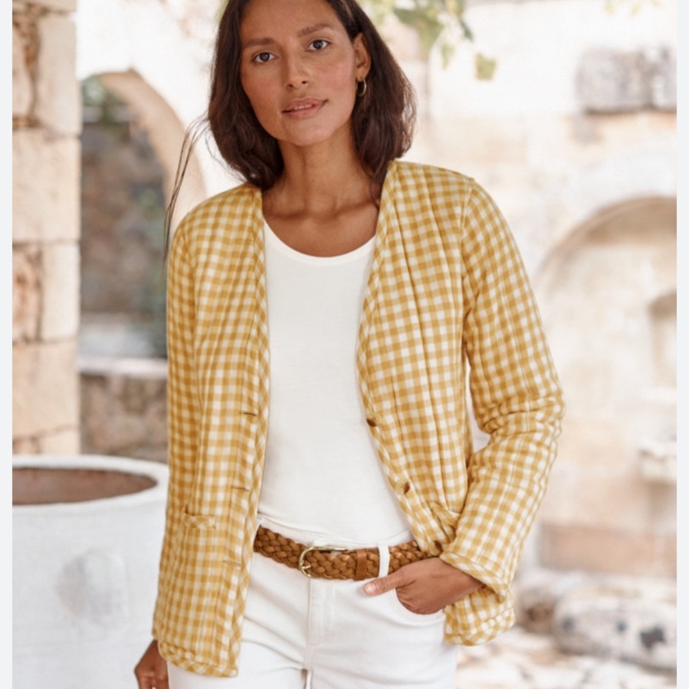 Nwt Garnet Hill Organic Cotton Quilted Jacket S Yellow Gingham Plaid Easter